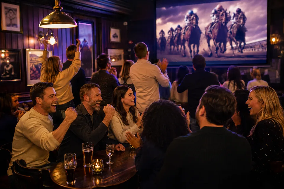 Illustration of a pub crowd watching a horse race on a venue TV
